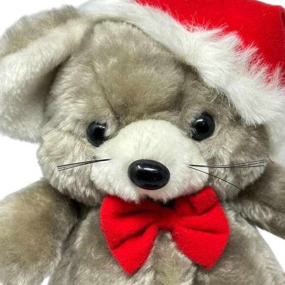 Prestige Toy Christmas Mouse Plush Vintage 1985 11 Inch Santa Hat Red Bow - Picture 2 of 7